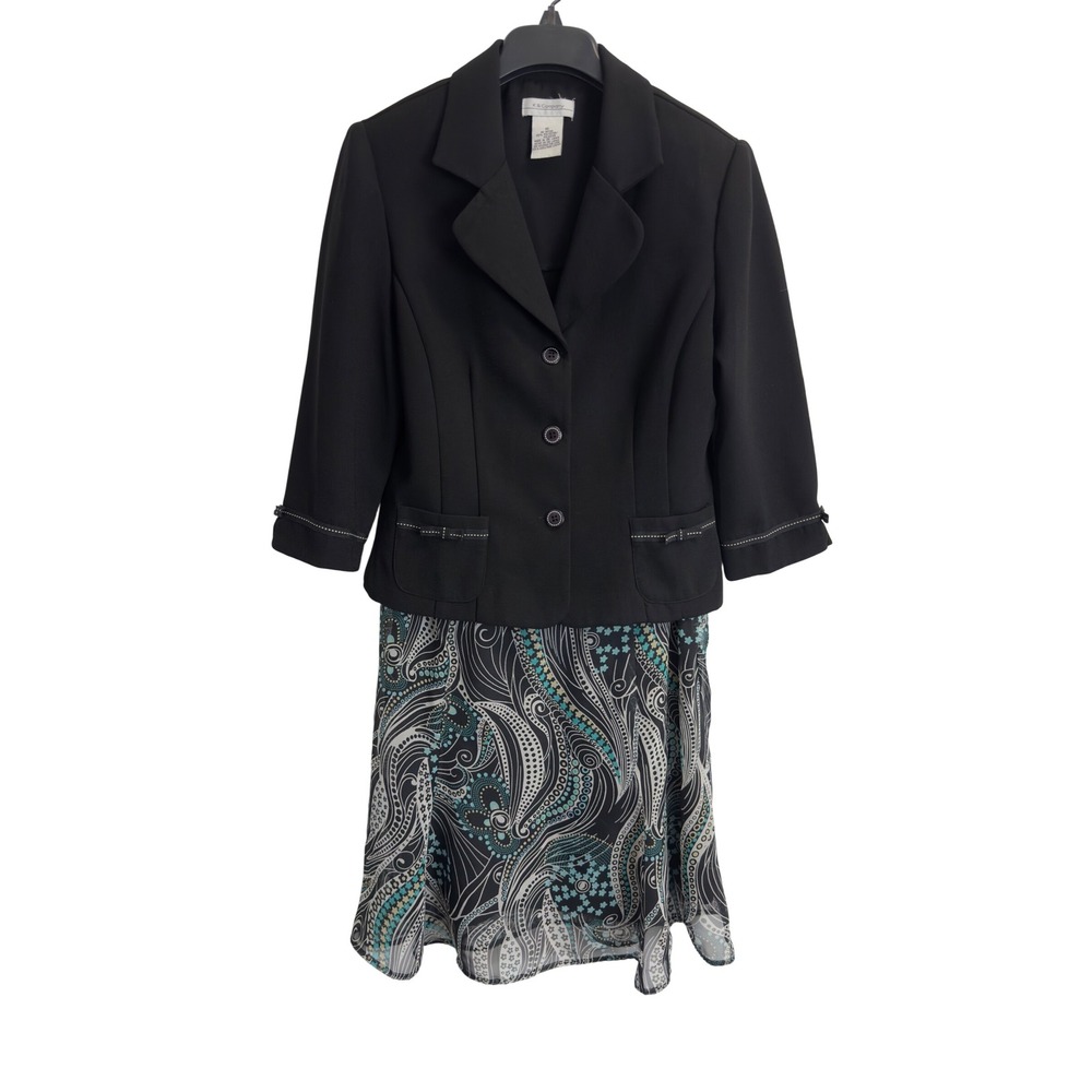 K&Company Womens 10 Skirt Suit Set Black Blazer Teal Paisley Print A-Line Skirt